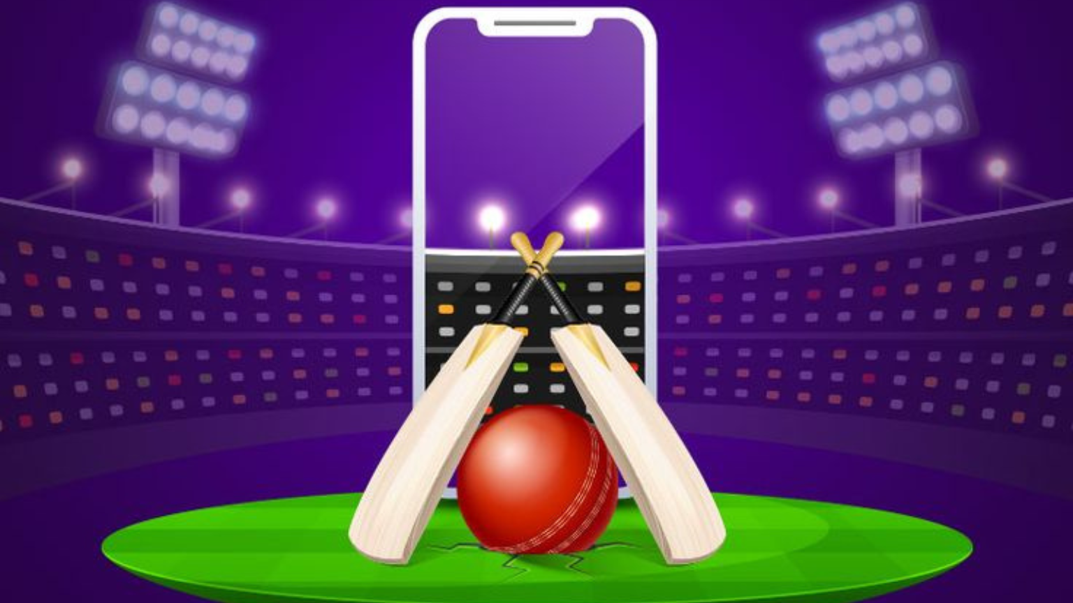 A cricket ball and bat on the field, featuring a smartphone, highlighting the rise of fantasy cricket app development.