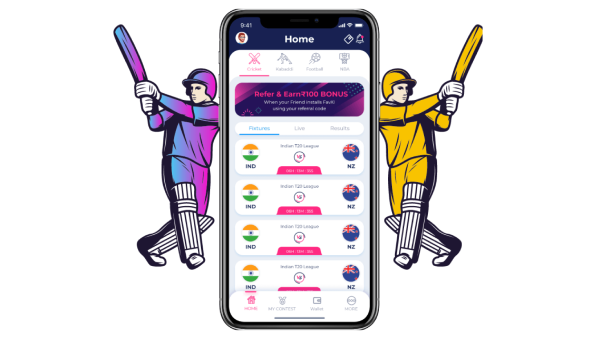 Cricket player on phone screen displaying 'Cricket' and 'India' for Fantsay app development.